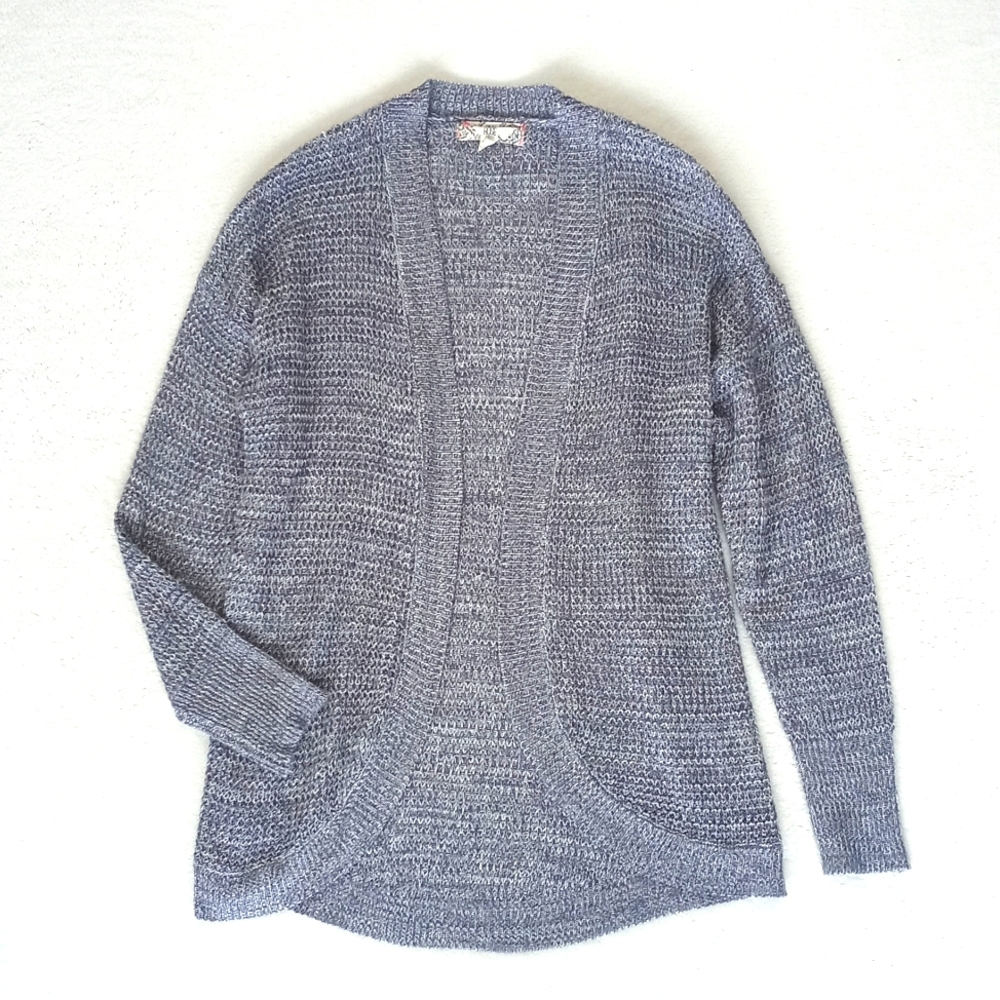 Pink Rose Women's Blue White Marled Open Long Sleeve Knit Cardigan Sweater S
